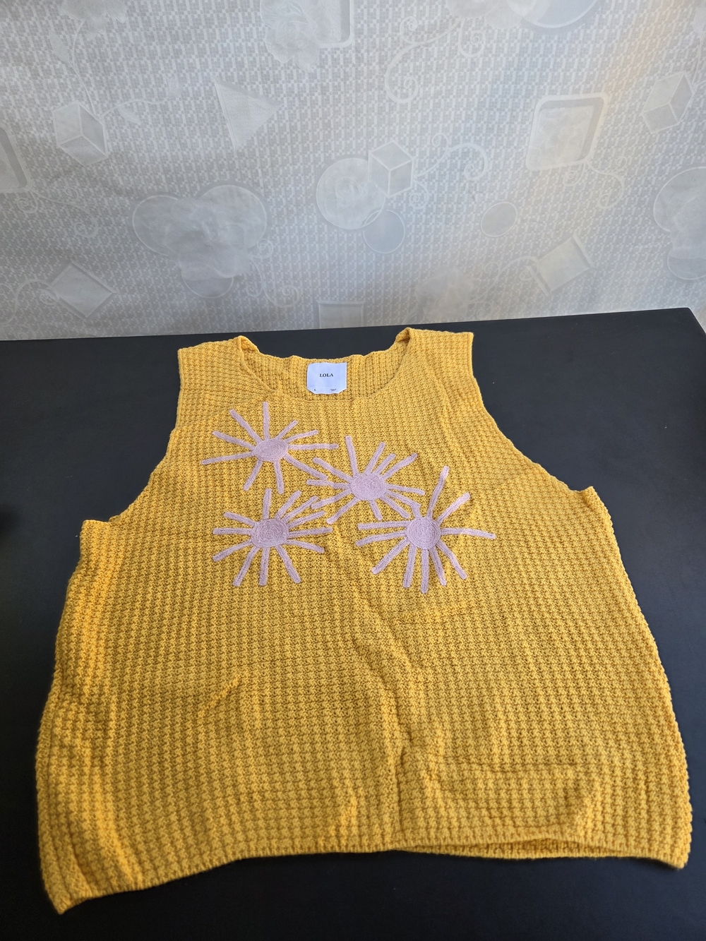 LOLA Mustard Yellow Knit Tank with Pink Daisy Appliqués - Picture 1 of 5